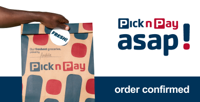 Order confirmed. Pick n Pay asap! logo. Photo of a Hand holding shopping bag.