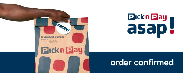 Order confirmed. Pick n Pay asap! logo. Photo of a Hand holding shopping bag.