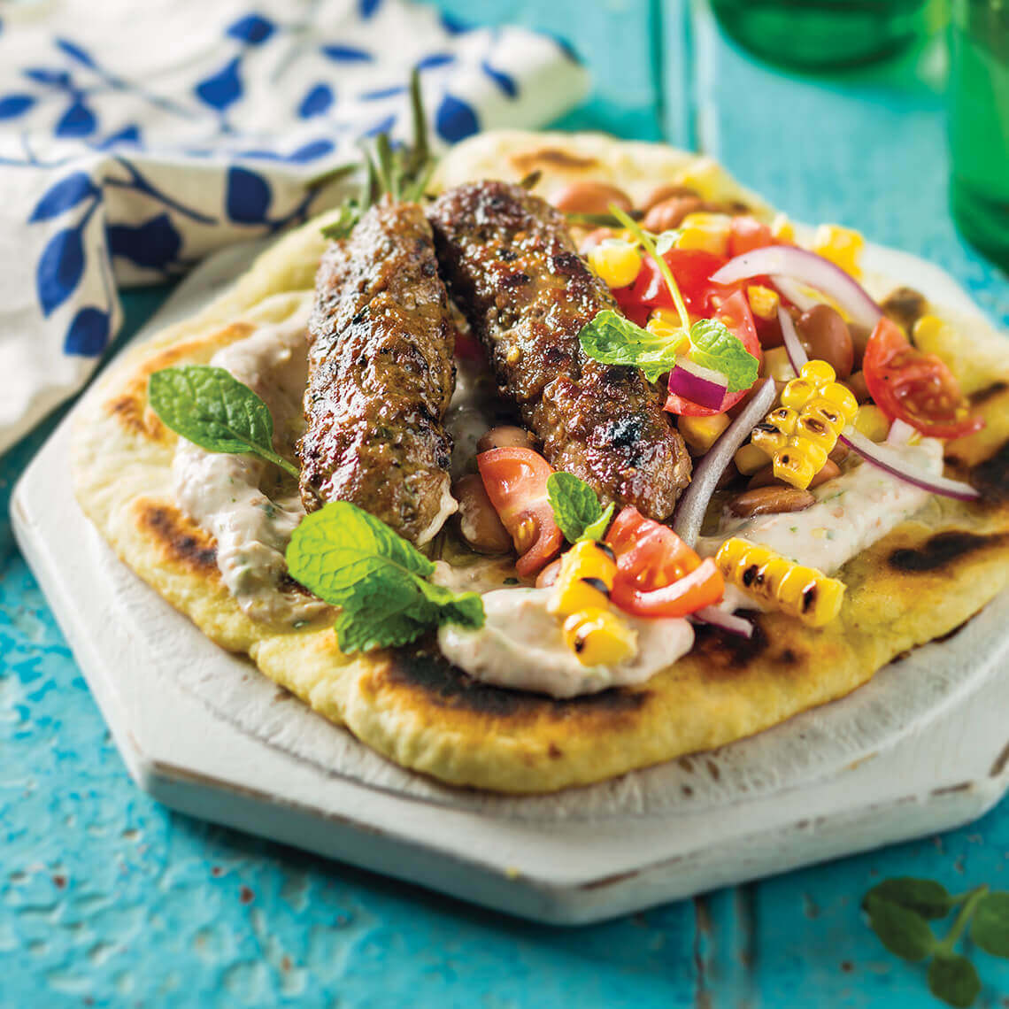 Boerewors kofta, bean dip and flatbreads